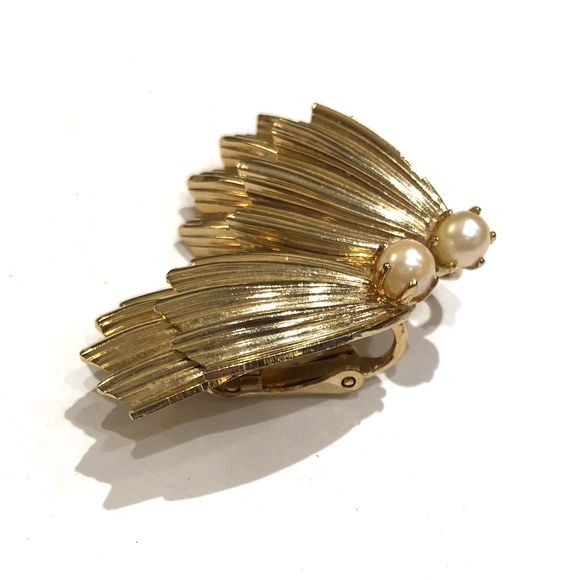 Vintage earrings 70s clip on gold leaf faux pearl - Picture 3 of 5